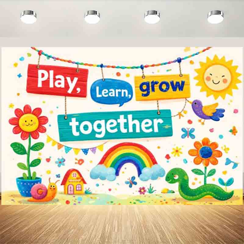 Kids Education Banner - Play Learn Grow Together Photography Backdrop