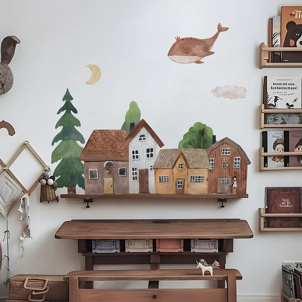 Kids Education Quotes - Fabric Cartoon Forest Vintage Town Wall