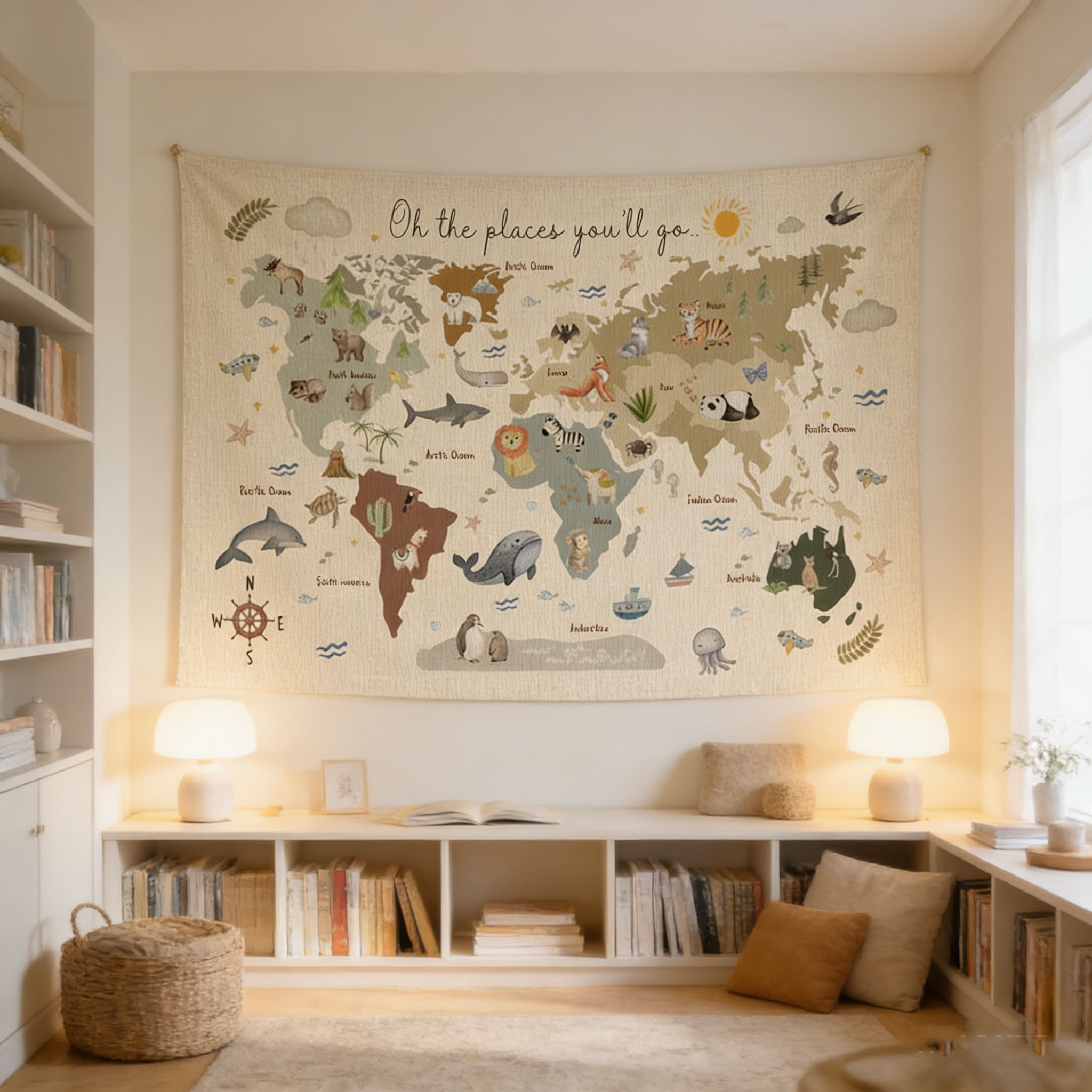Cute Animal World Map Tapestry - огляд і ціна Kids Education Banner