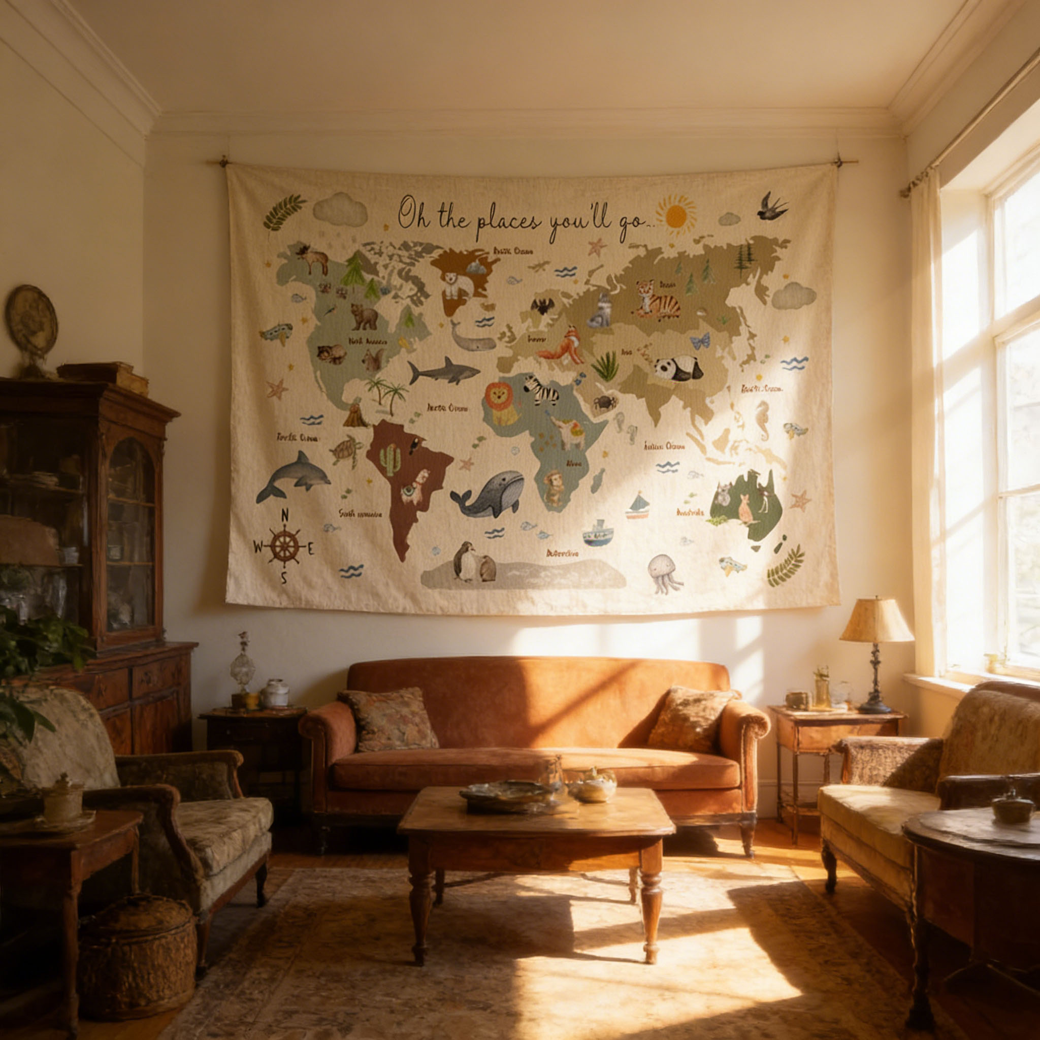 Cute Animal World Map Tapestry - огляд і ціна Kids Education Banner
