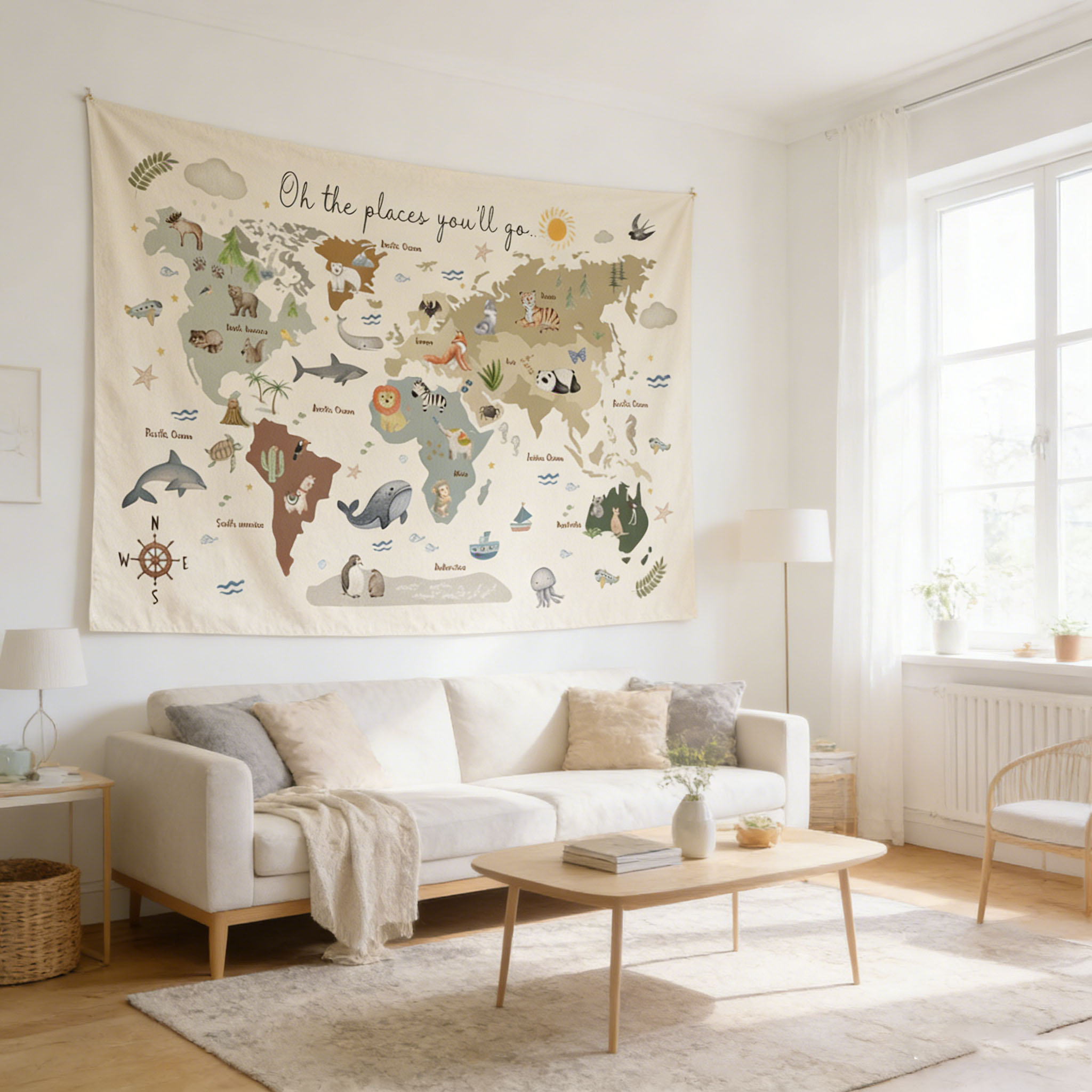Cute Animal World Map Tapestry - огляд і ціна Kids Education Banner